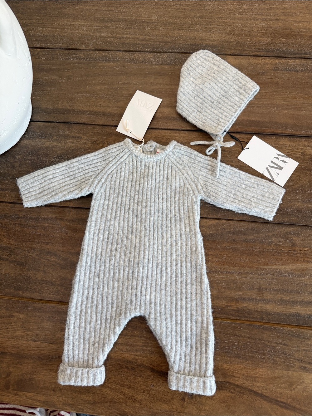 Zara Gray Ribbed Knit Baby One-Piece with Bonnet